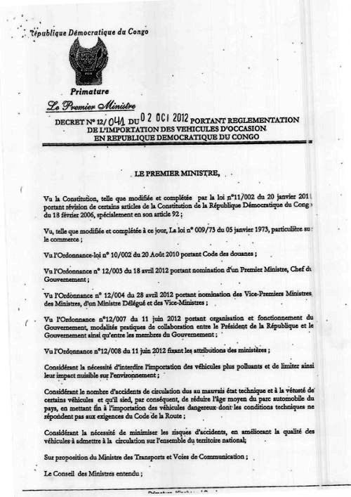 Entrée en vigueur de la mesure d’interdiction de l’importation des véhicules d’occasion en RDC