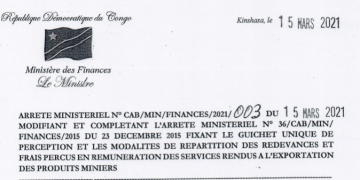 Arrêté Ministériel de 2021 portant répartition redevances et frais perçus en rémunération des services rendus à l’exportation des produits miniers