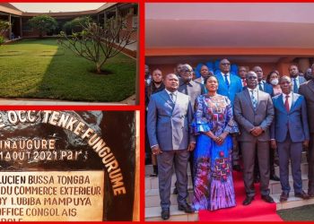 Jean-Lucien BUSSA TONGBA, Fifi MASUKA SAINI et Gaby LUBIBA MAMPUYA inaugurent le Laboratoire de contrôle minier OCC TFM.