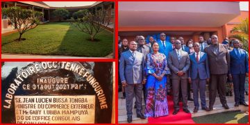 Jean-Lucien BUSSA TONGBA, Fifi MASUKA SAINI et Gaby LUBIBA MAMPUYA inaugurent le Laboratoire de contrôle minier OCC TFM.